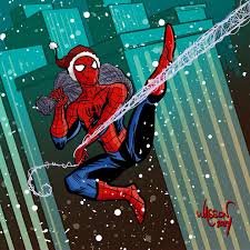 Spider-Man swinging in a Santa hat — Christmas illustration